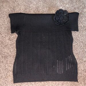 Motel Rocks Black Off-Shoulder Sweater with Crochet Accent